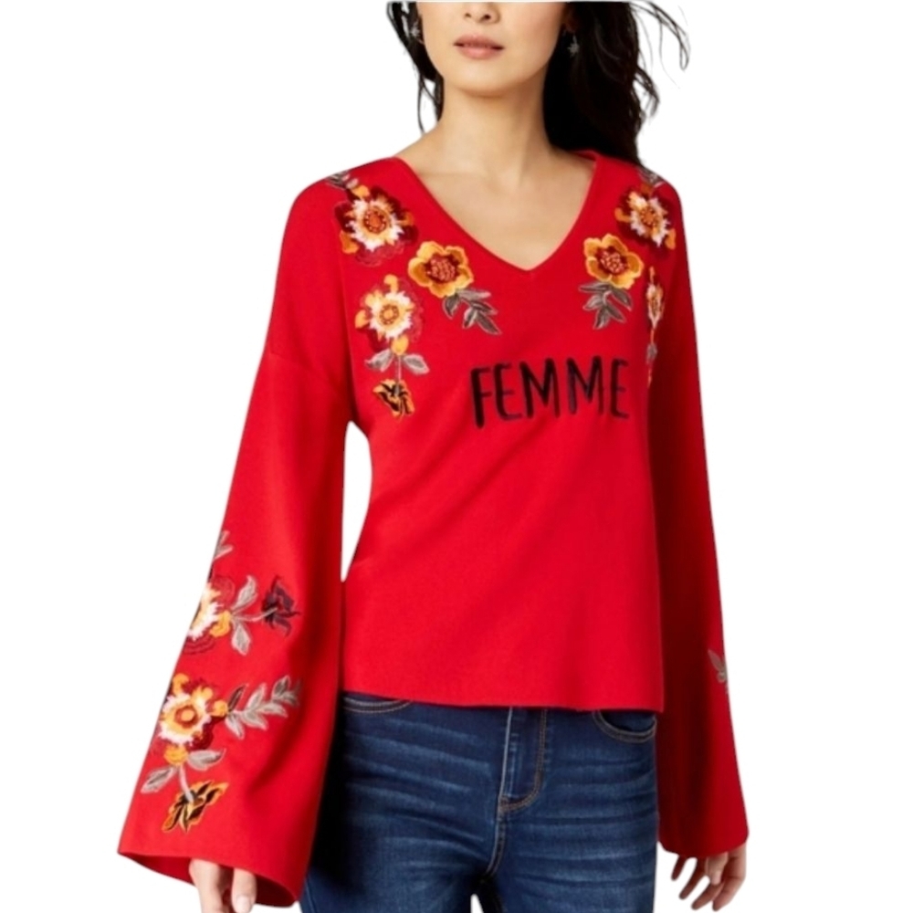 Red Knit Floral Femme Embroidered V Neck Whimsigoth Bell Sleeves Top Sz M - Picture 6 of 9